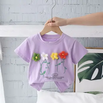 Летняя футболка из чистого хлопка с цветочным рисунком для девочек, милые модные футболки, удобный топ с коротким рукавом для малышей 0, 2, 4, 6 лет Изображение