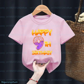 Милая Детская футболка с Забавным Принтом Пончика на День Рождения, футболки для девочек от 1 до 12 лет, Летние Топы с короткими рукавами, Футболки Высокого Качества Изображение