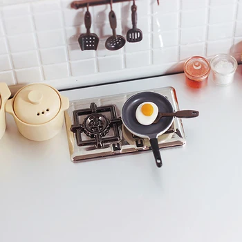 Миниатюрная домашняя сцена для игры в еду, аксессуары для кукольного домика, модель кухни, мини-газовая двойная плита, металлическая плита Изображение