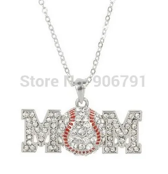 мода 50 шт./лот, родиевое покрытие, бейсбольное ожерелье с кристаллами для мамы, спортивная подвеска (A100086) Изображение