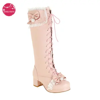 Модные Туфли на платформе для Свадебной вечеринки в стиле принцессы Лолиты с перекрестным бантом, белые, розовые, на среднем каблуке, Женские ботинки с кружевным краем Изображение