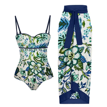 Модный винтажный купальник с цветочным принтом и сокрытие, приморский купальник на бретелях, летняя пляжная одежда с открытой спиной, комплект для плавания Изображение