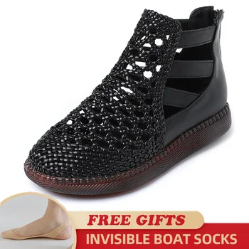 Модный полый дизайн, летние сандалии из натуральной кожи большого размера, дышащие полые ботинки на плоской подошве, мягкая нескользящая удобная обувь Изображение