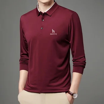 Мужская весенне-осенняя новая деловая футболка HAZZYS с отворотом, тонкая рубашка-поло, однотонная модная базовая куртка в простом стиле Изображение