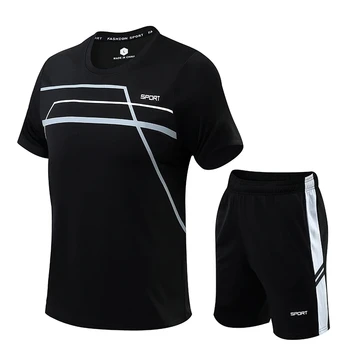 Мужская спортивная футболка с коротким рукавом для спортзала, Фитнеса, беговой дорожки, футбольных рубашек, Модных круглых, быстросохнущих, сохраняющих прохладу комплектов, размер M-5XL Изображение