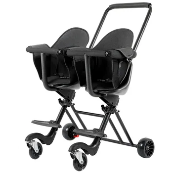 Новая Детская коляска-близнец Double Walking Baby, Двухколесная Артефактная Тележка с Тормозами, Четырехколесная, Легко Складывающаяся Изображение
