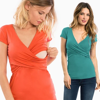 Новая повседневная одежда для беременных, одежда для грудного вскармливания, футболка с коротким рукавом, полосатый V-образный вырез, топы для беременных и кормящих Изображение