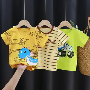 Новинка лета 2021, футболка для мальчиков, модная футболка с короткими рукавами и рисунком динозавра из мультфильма, хлопковые топы с круглым вырезом для новорожденных девочек, футболки Изображение
