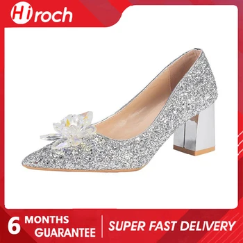 Новые модные блестящие женские туфли на плоской подошве с кристаллами и квадратным каблуком 6 см, Свадебные туфли с цветами на высоком каблуке, Свадебный банкет Изображение