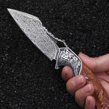 Ночной сталкер, нож для самообороны на открытом воздухе, твердое и острое лезвие из дамасской стали, нож для выживания в дикой природе Изображение