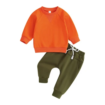Осенняя одежда для маленьких мальчиков, Пуловер с длинным рукавом и круглым вырезом, Брюки с эластичной резинкой на талии, 2 шт., теплая одежда Изображение