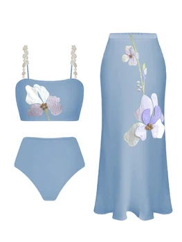 Простой синий модный ремешок с цветочным принтом, Раздельный купальник и длинный чехол, Элегантная и удобная Летняя модель на побережье Изображение
