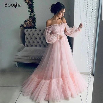 Простые милые розовые платья для выпускного вечера, Вечерние платья Трапециевидной формы с длинными рукавами и открытыми плечами, Аппликации, плиссированные вечерние платья из тюля Изображение