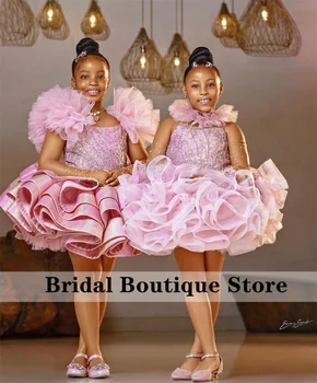Розовые платья в цветочек для девочек на свадьбу с двумя перчатками, расшитые бисером, жемчугом, оборками, пайетками, Праздничное платье для маленьких девочек на день рождения Изображение