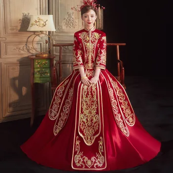 Роскошное Праздничное Платье Cheongsam с Вышивкой Дракона и Феникса в Китайском Стиле для Элегантной Невесты китайская одежда Изображение