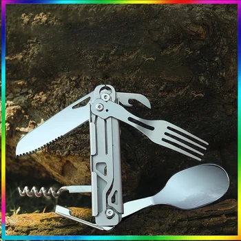 Складной нож из нержавеющей стали, Многофункциональная Портативная Вилка, Ложка, карманный нож для выживания на открытом воздухе, Кемпинг Изображение