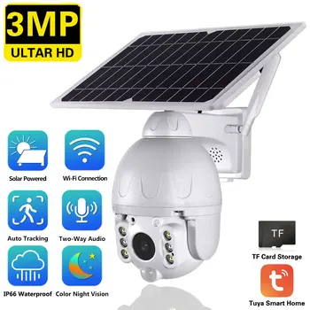 Слот Tuya Smart Life, 3-мегапиксельная Солнечная камера, PTZ, Наружное обнаружение PIR, Цветное ночное видение, видеонаблюдение, WIFI IP-камера безопасности на батарейках Изображение