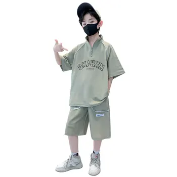 Спортивный летний костюм для мальчиков 2023, Модная одежда для подростков, Детская Корейская футболка 3 цветов с короткими рукавами + Шорты, комплекты из 2 предметов, Одежда Большого Размера Изображение