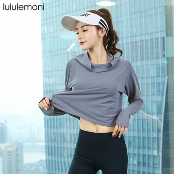 Спортивный топ для йоги lululemoni, женская свободная одежда для бега, фитнеса, быстросохнущая футболка с высоким воротом, одежда для йоги с длинным рукавом Изображение