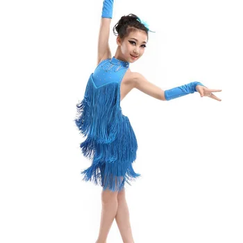 Танцевальная одежда для девочек, Детская юбка для Танго, Карнавальная одежда, Костюмы для Латиноамериканской Сальсы, платье для танцев с кисточками Изображение