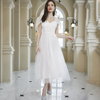 Тюлевое Иллюзионное платье для выпускного вечера с открытой спиной, Вечернее платье длиной до колена, Вечернее платье трапециевидной формы с короткими рукавами, Vestido De Novia Изображение
