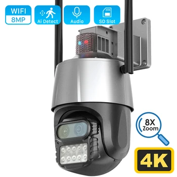 Уличная Wifi камера 4K 8MP с противоугонной сиреной, двойной объектив, 8-кратный зум, PTZ-скоростная купольная камера, IP-камера видеонаблюдения Изображение