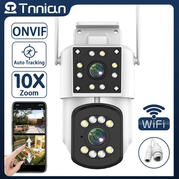 Уличная камера Tnnian 4K 8MP WIFI с двумя объективами, Автоматическое Отслеживание, PTZ-камера видеонаблюдения, 20-метровая Цветная камера ночного видения iCam365 Изображение