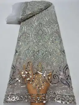Франция Высококачественная кружевная ткань ручной работы из бисера, нигерийская вышивка бисером, блестки, сетчатая кружевная ткань для свадебного платья Изображение