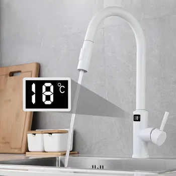 Цифровой дисплей, Белый Умный сенсорный кран из нержавеющей стали, Многофункциональный Выдвижной Кухонный Кран для горячей и холодной воды  Изображение