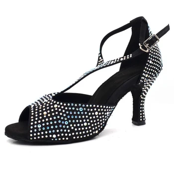 Черные туфли Evkoodance на среднем каблуке 7 см, атласные туфли для латиноамериканских танцев, атласные Профессиональные Туфли для латиноамериканских бальных танцев Для женщин Изображение